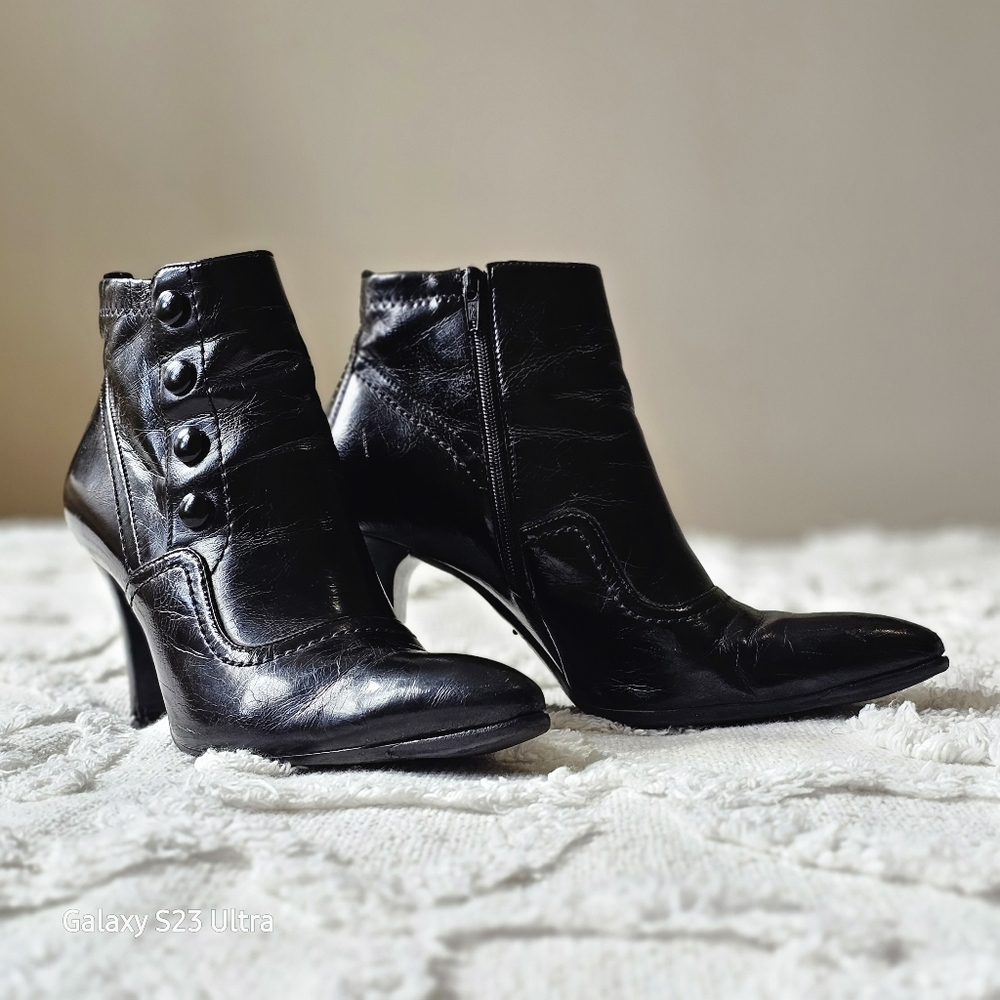 Franco Sarto vegan patent leather granny boots, size 7M